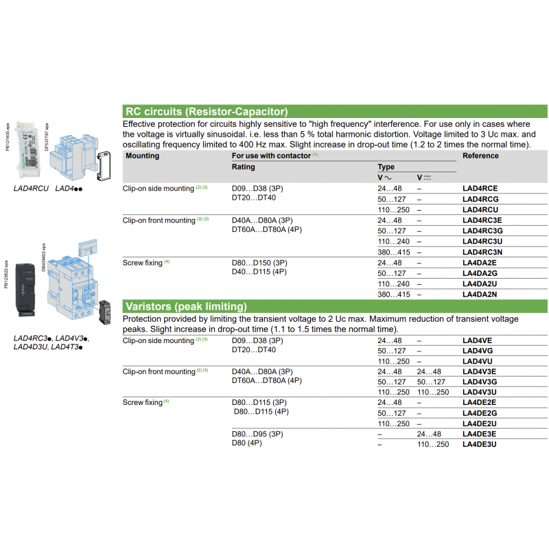 LA4DA2U - RC-фильтр помех для контакторов LC1‑D80… D150, (D40… D115‑4P), U=110-240 В AC, Schneider Electric