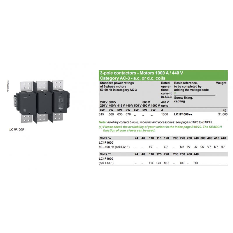 LC1F1000P7 - Контактор Tesys F, In-1000A,  500 кВт, Uc-230 В AC, Schneider Electric