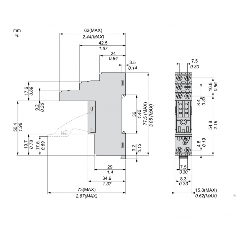 Розетка для реле управления RXG, 2 C/O, Schneider Electric (RGZE1S48M)