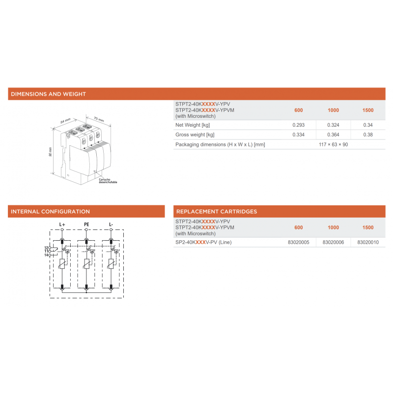 83020138 - Ограничитель перенапряжения тип 2 (УЗИП) STPT2-40K600V-YPV, 2P, 40 кА, 600 В DC, Mersen