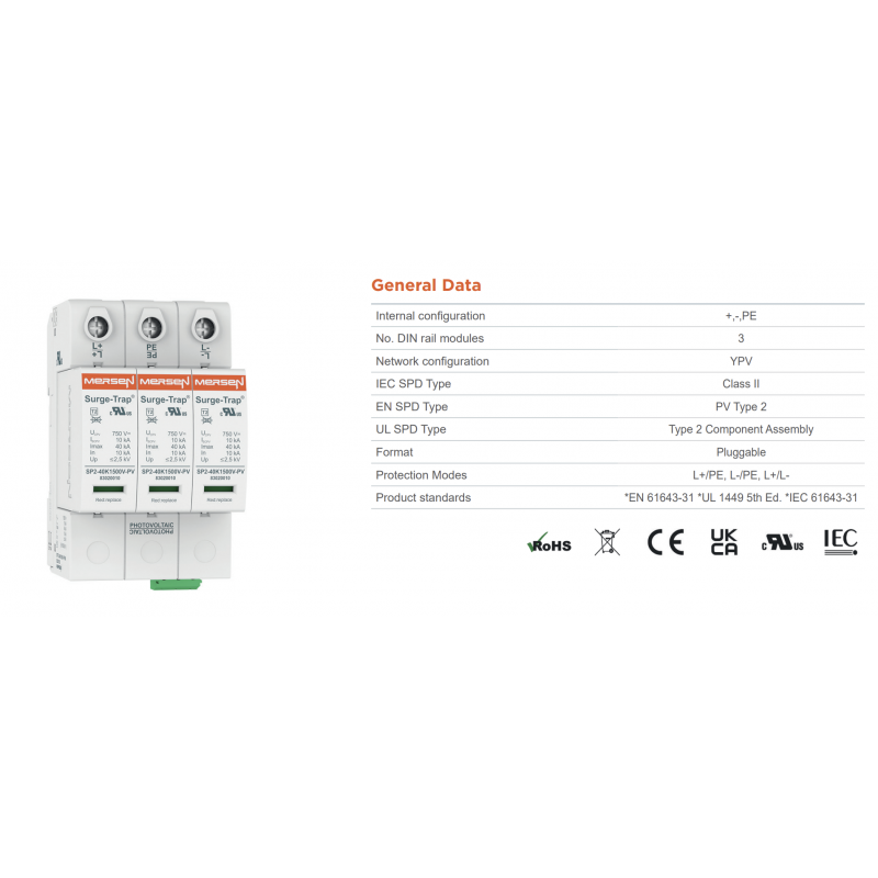 83020138 - Ограничитель перенапряжения тип 2 (УЗИП) STPT2-40K600V-YPV, 2P, 40 кА, 600 В DC, Mersen