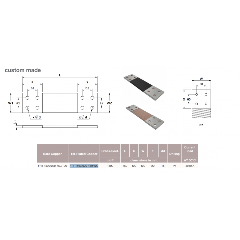 Гибкая плетёная шина, лужёная медь, 1600 мм², L-450 мм, Elexo (FTT 1600/020-450/120 WH)