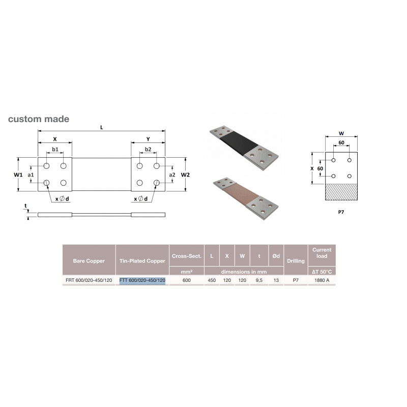 Гибкая плетёная шина, лужёная медь, 600 мм², L-450 мм, 1880 A, Elexo (FTT 600/020-450/120 WH)