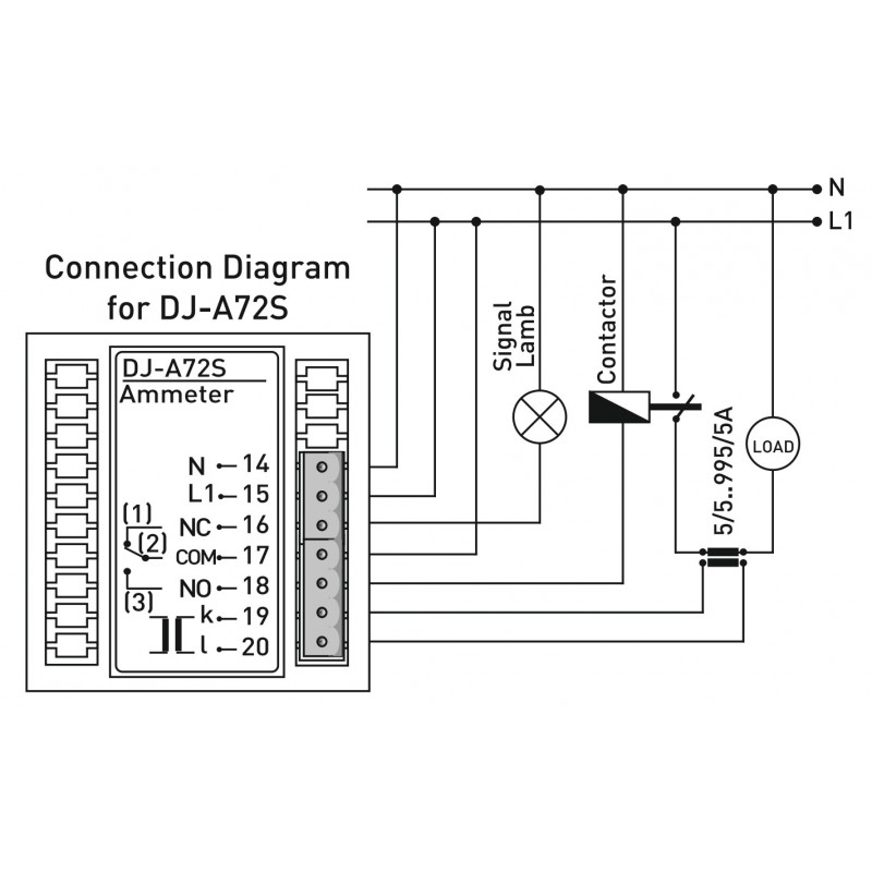 DJ-A72S - Однофазный амперметр через ТТ, 5.5 А, 72×72, с релейным выходм, Tense