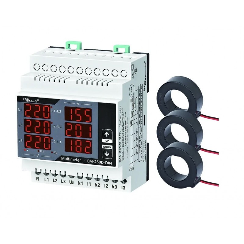 EM-250DIN - Трехфазный мультиметр с ТТ 250 А (вольтметр, амперметр, частотомер), Tense