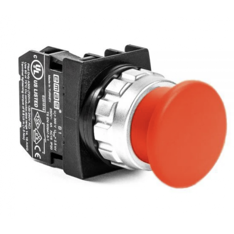 Кнопка грибок Ø30 без фиксации (Ø40 грибок), красный, 1NO + 1NC, IP 50, EMAS (H102MK)