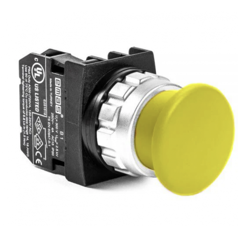 Кнопка грибок Ø30 без фиксации (Ø40 грибок), желтая, 1NO + 1NC, IP 50, EMAS (H102DS)