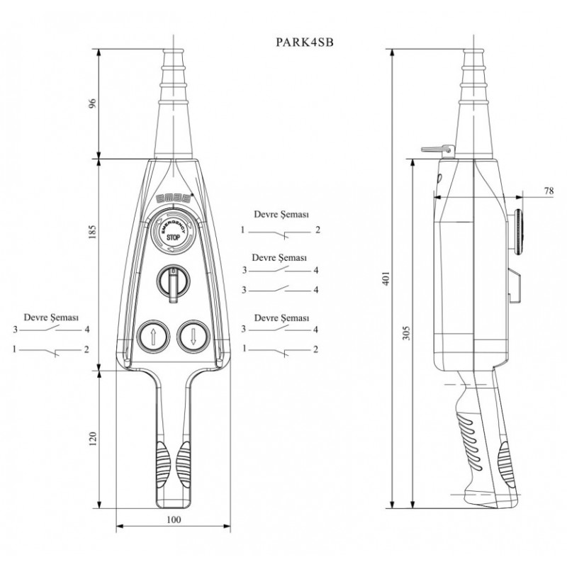 Пульт управления 2 кнопки (1 скорости) с переключателем и кнопкой стоп d=40мм, IP 65, EMAS (PARK4SB)