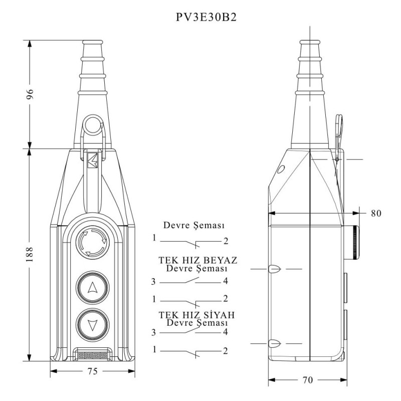 Пульт управления 2-кнопки(1 скорость) и кнопкой стоп d=30мм, IP 65, EMAS (PV3E30B2)