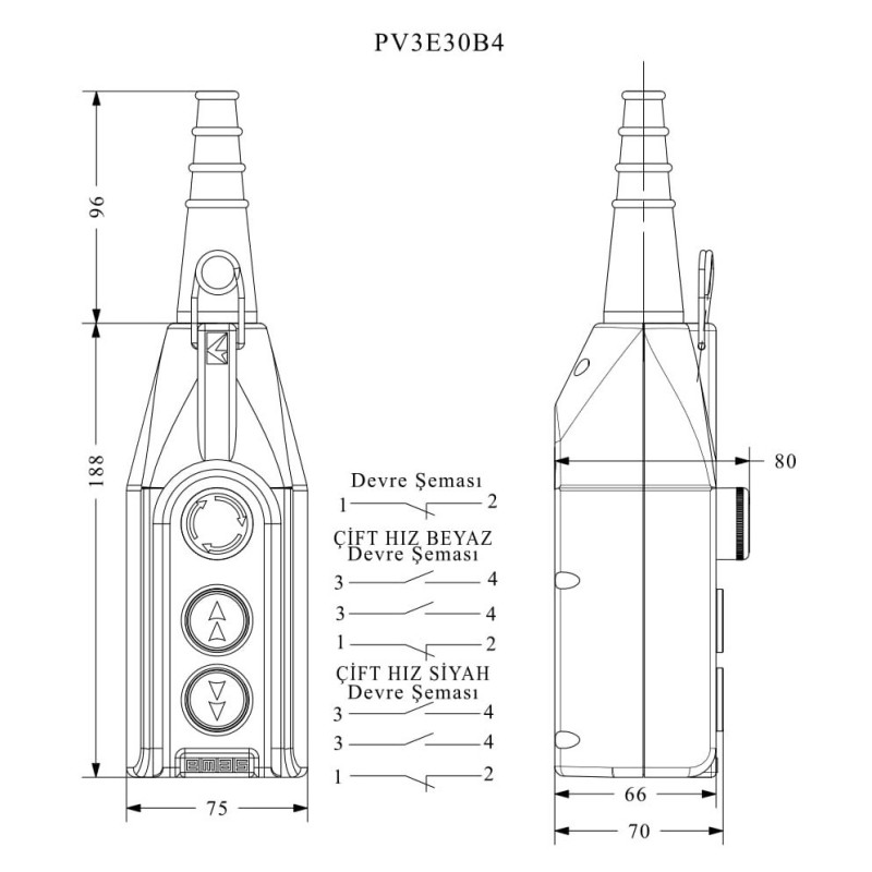 Пульт управления 2-кнопки (2 скорости) и кнопкой стоп d=30мм, IP 65, EMAS (PV3E30B4)
