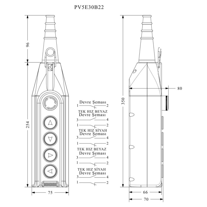 Пульт управления 4-кнопки(1 скорость) и кнопкой стоп d=30мм, IP 65, EMAS (PV5E30B22)