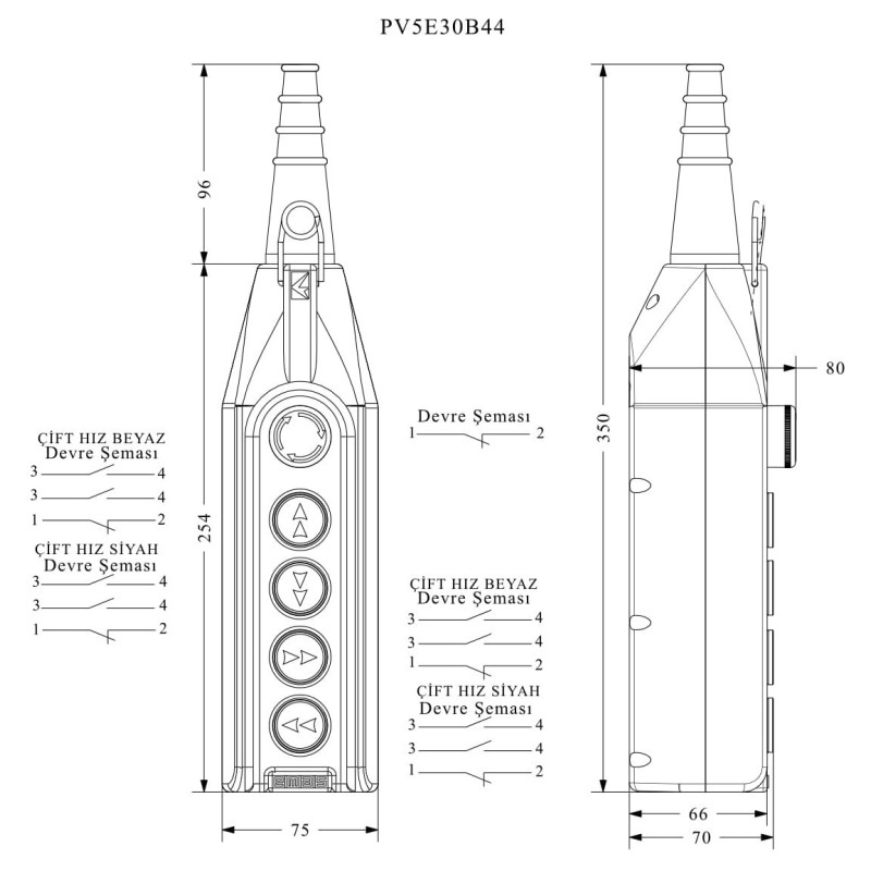 Пульт управления 4-кнопки(2 скорости) и кнопкой стоп d=30мм, IP 65, EMAS (PV5E30B44)