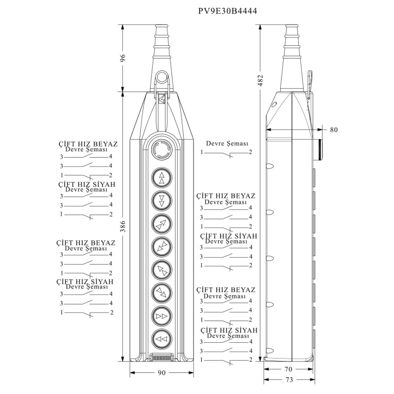 Пульт управления 8 кнопок (2 скорости) и кнопкой стоп d=30мм, IP 65, EMAS (PV9E30B4444)