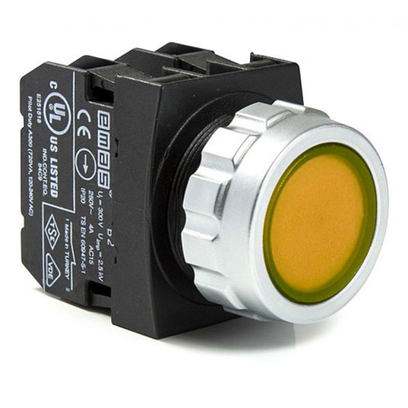 Кнопка Ø30 без фиксации, желтая, 1NO + 1NC, IP 50, EMAS (H102DS)