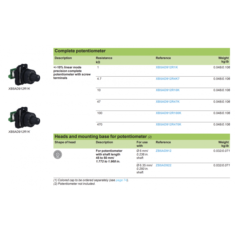 Потенциометр на 100 кОм, серия XB5, Schneider Electric (XB5AD912R100K)