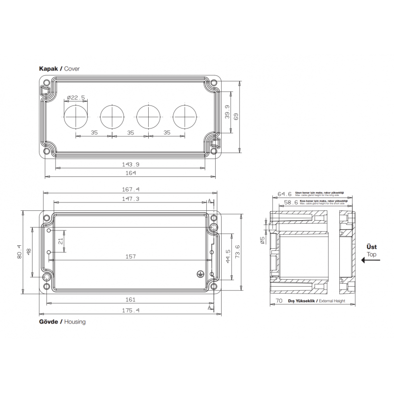 Алюминиевый кнопочный пост 4-местный, Желтый, IP 67, TP Electric (3390-823-0600)