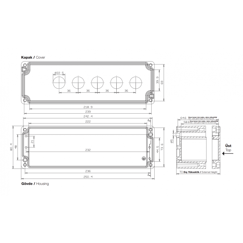 Алюминиевый кнопочный пост 5-местный, Желтый, IP 67, TP Electric (3390-824-0600)