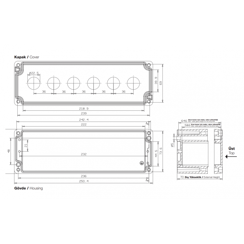 Алюминиевый кнопочный пост 6-местный, Желтый, IP 67, TP Electric (3390-832-0600)