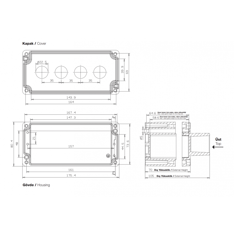 Алюминиевый кнопочный пост 4-местный с козырьком, Желтый, IP 67, TP Electric (3390-833-0600)