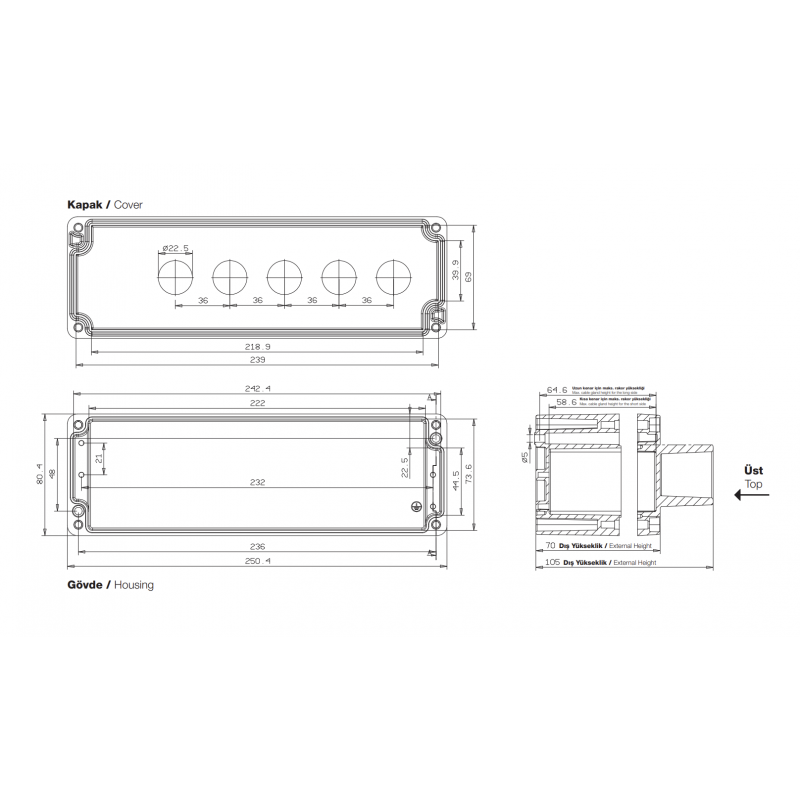 Алюминиевый кнопочный пост 5-местный с козырьком, Желтый, IP 67, TP Electric (3390-834-0600)