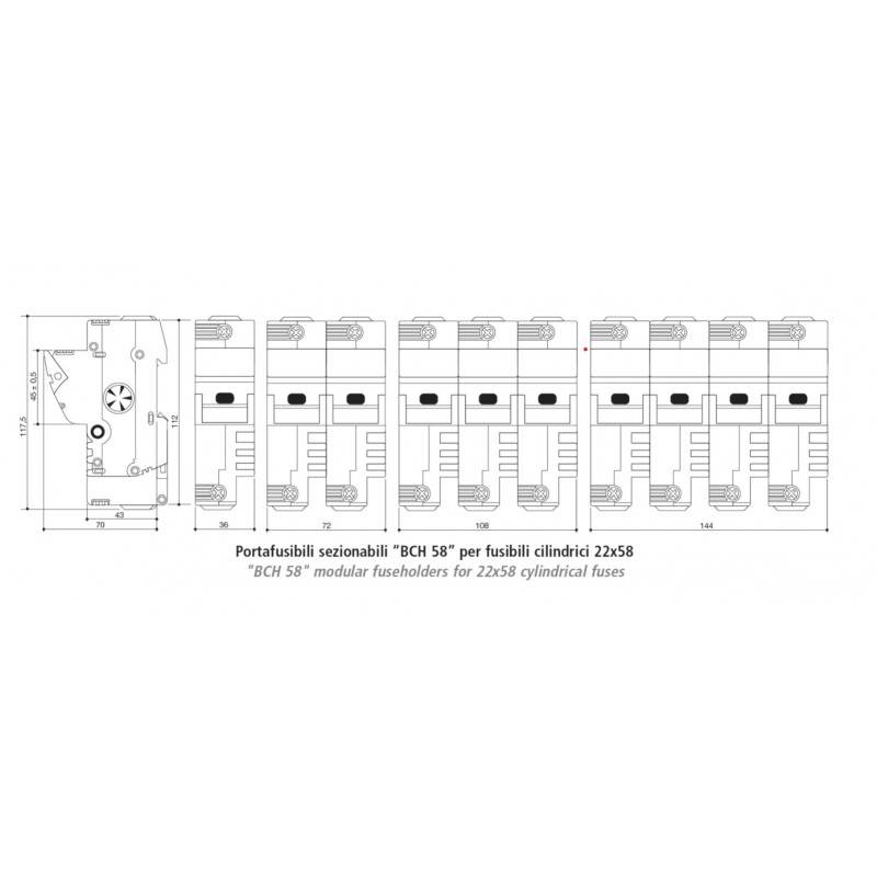 2303058 - Разъединитель под предохранитель BCH, 3P Ie-100 A, 22×58 мм, ITALWEBER